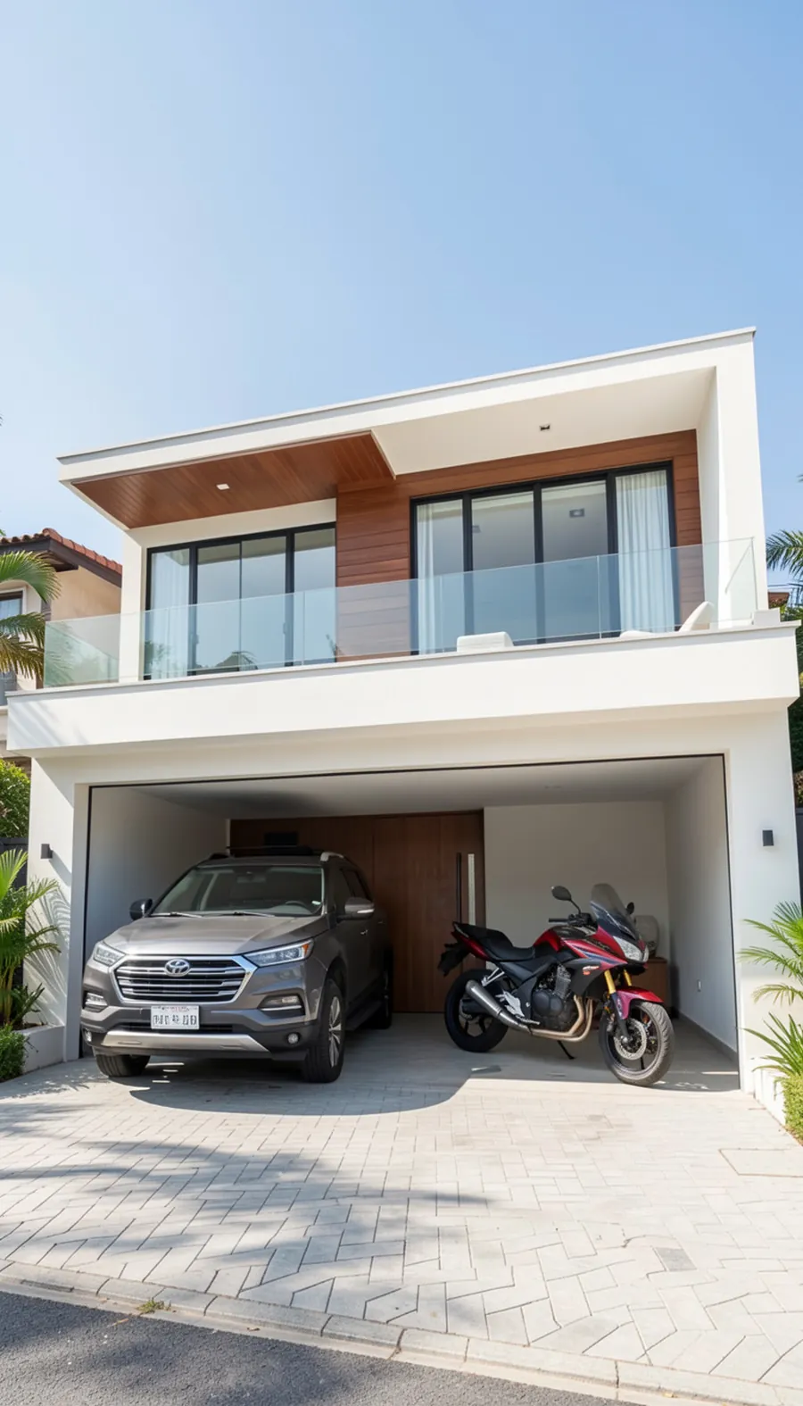 Casa com carro e moto na garagem